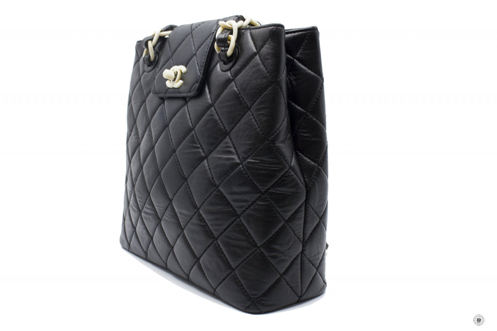 Chanel  With Resin Woven Chain And Lock Black Lambskin Tote Bag