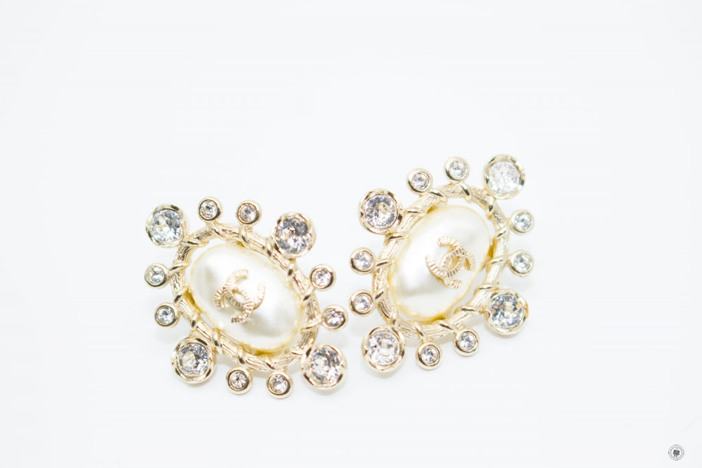 Chanel CC Pearl Bead With Crystals  Light Gold  Metal 3X2.5CM Earrings