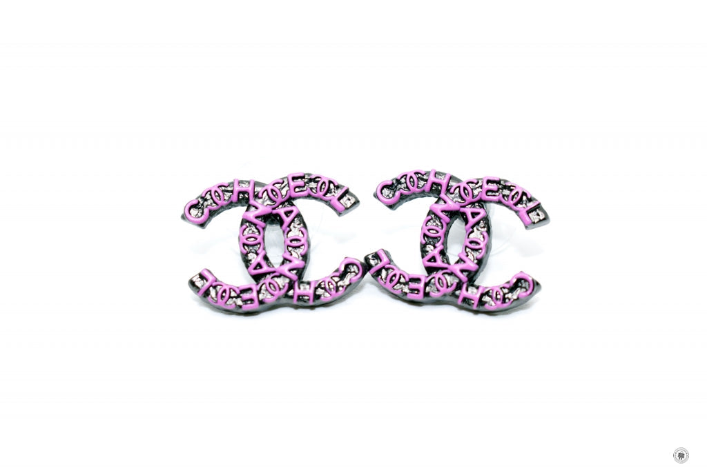 Chanel AB6010B05319 CC Logo &amp; Wordings Gunmetal &amp; Pink Metal 2CMX2CM Earrings Bkhw