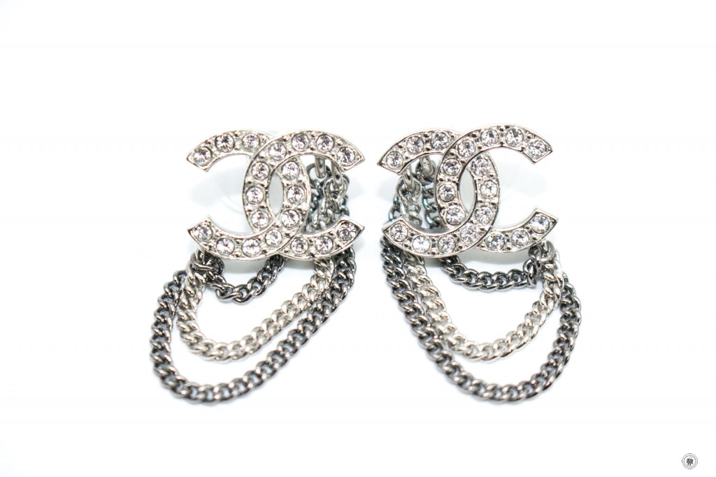 Chanel AB7062B06545 CC Logo With Cyrstal And Chains Silver / NF074 Metal 1.8CMX1.3CM Earrings Shw