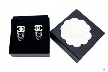 Chanel AB7062B06545 CC Logo With Cyrstal And Chains Silver / NF074 Metal 1.8CMX1.3CM Earrings Shw