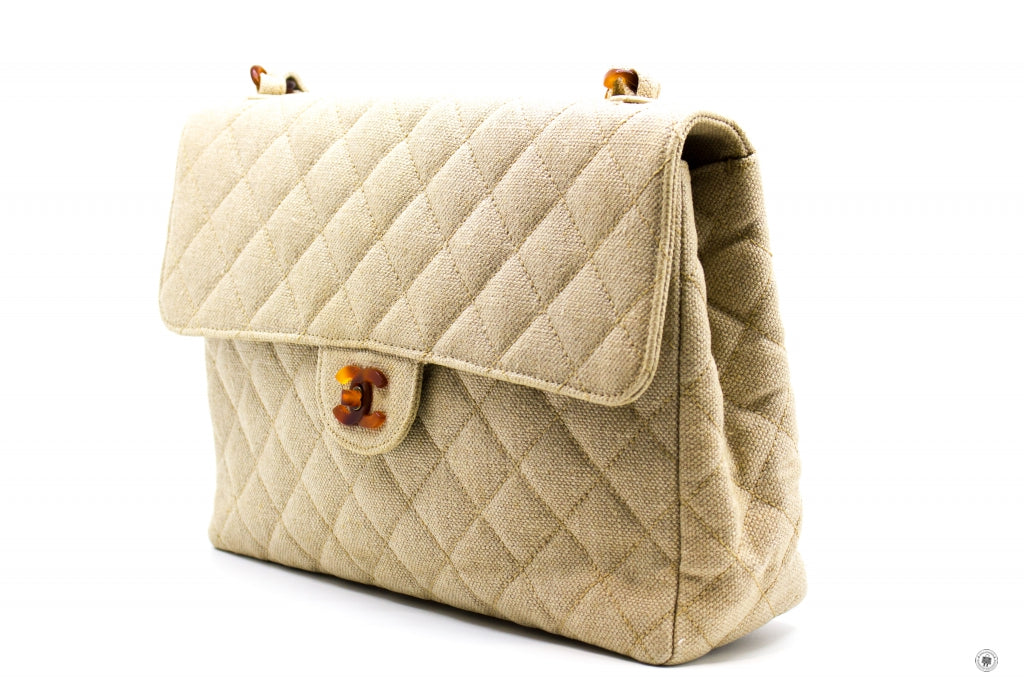 Chanel Linen Canvas Flap Bag With Tortoise Chain And CC L Natural  Canvas Shoulder Bags