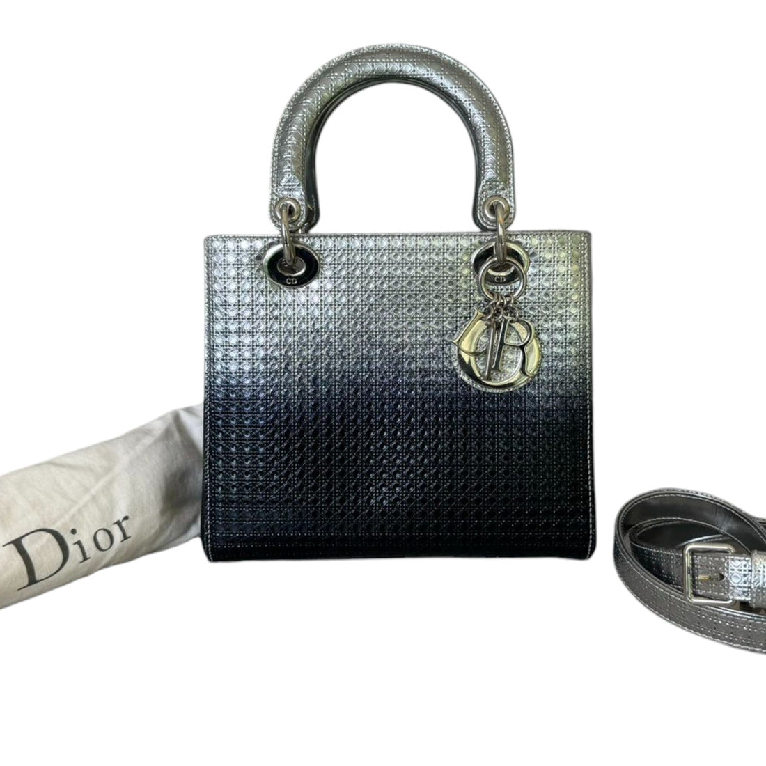 Lady Dior Medium Metallic New 1:1 Repl Micro-Cannage Silver Blue SHW