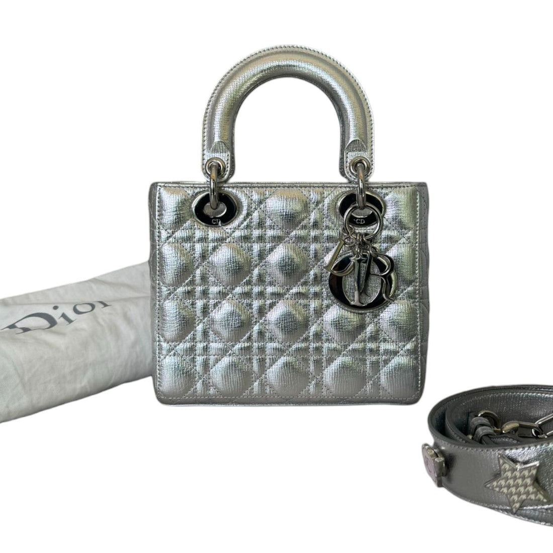 My Lady Dior Lucky Badges Small Metallic Grained CalBNkin Silver SHW