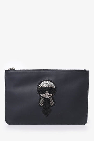 Fendi Black CalBNkin Crystal  Embroidery Karlito Zip Pouch