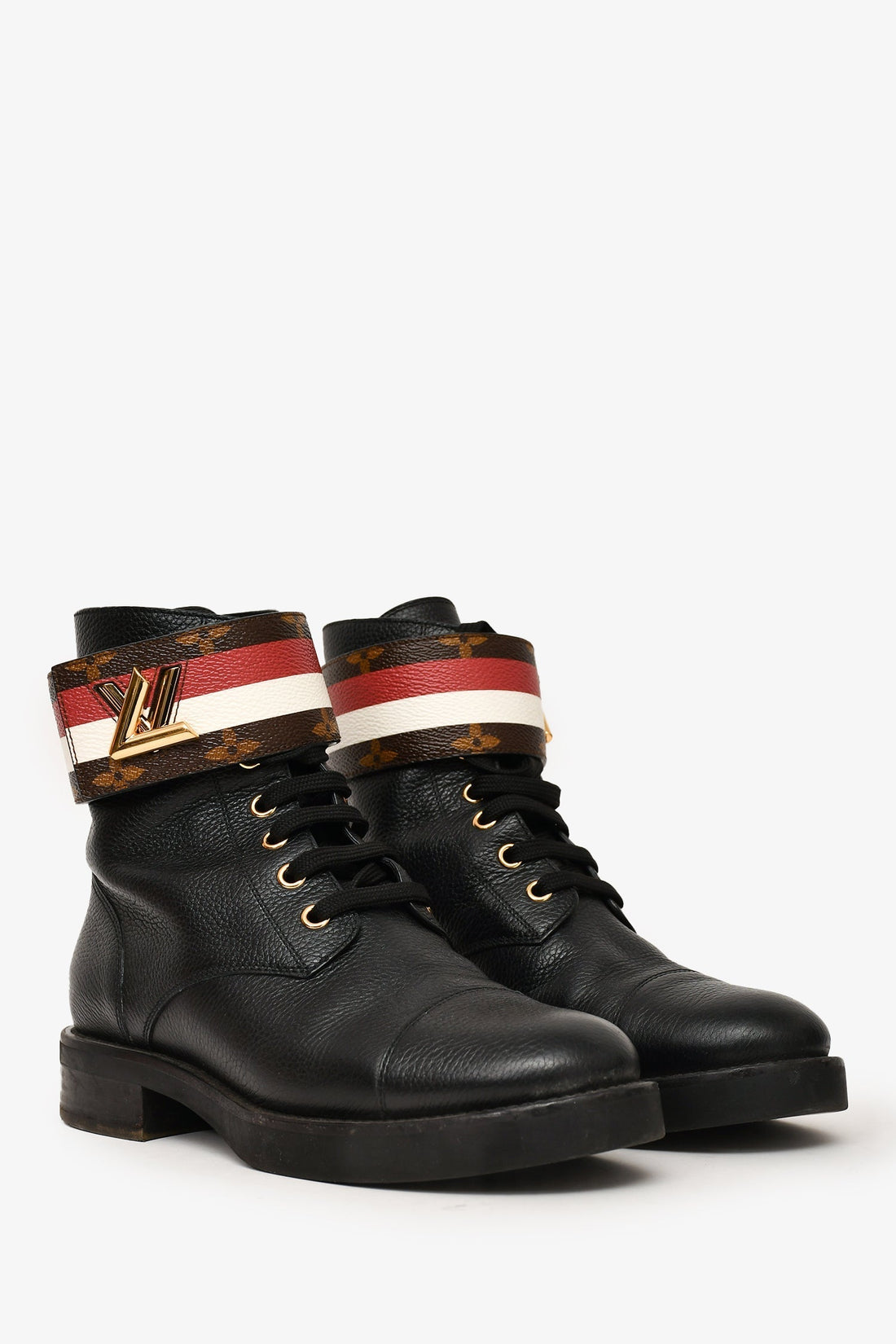 Louis Vuitton Black Leather Combat LV Clasp Boots Size 36.5