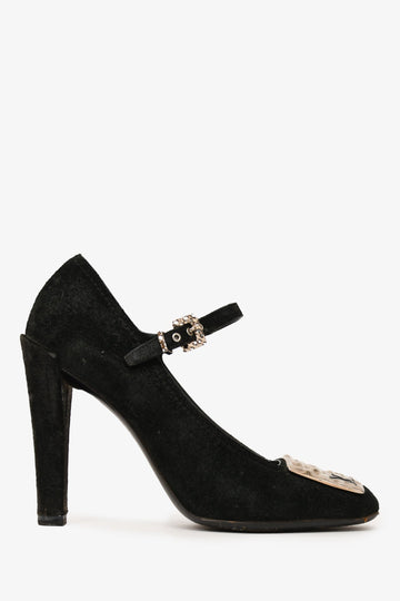 Louis Vuitton Black Suede Leather LV Plaque Mary Jane Heels Size 37 (As Is)
