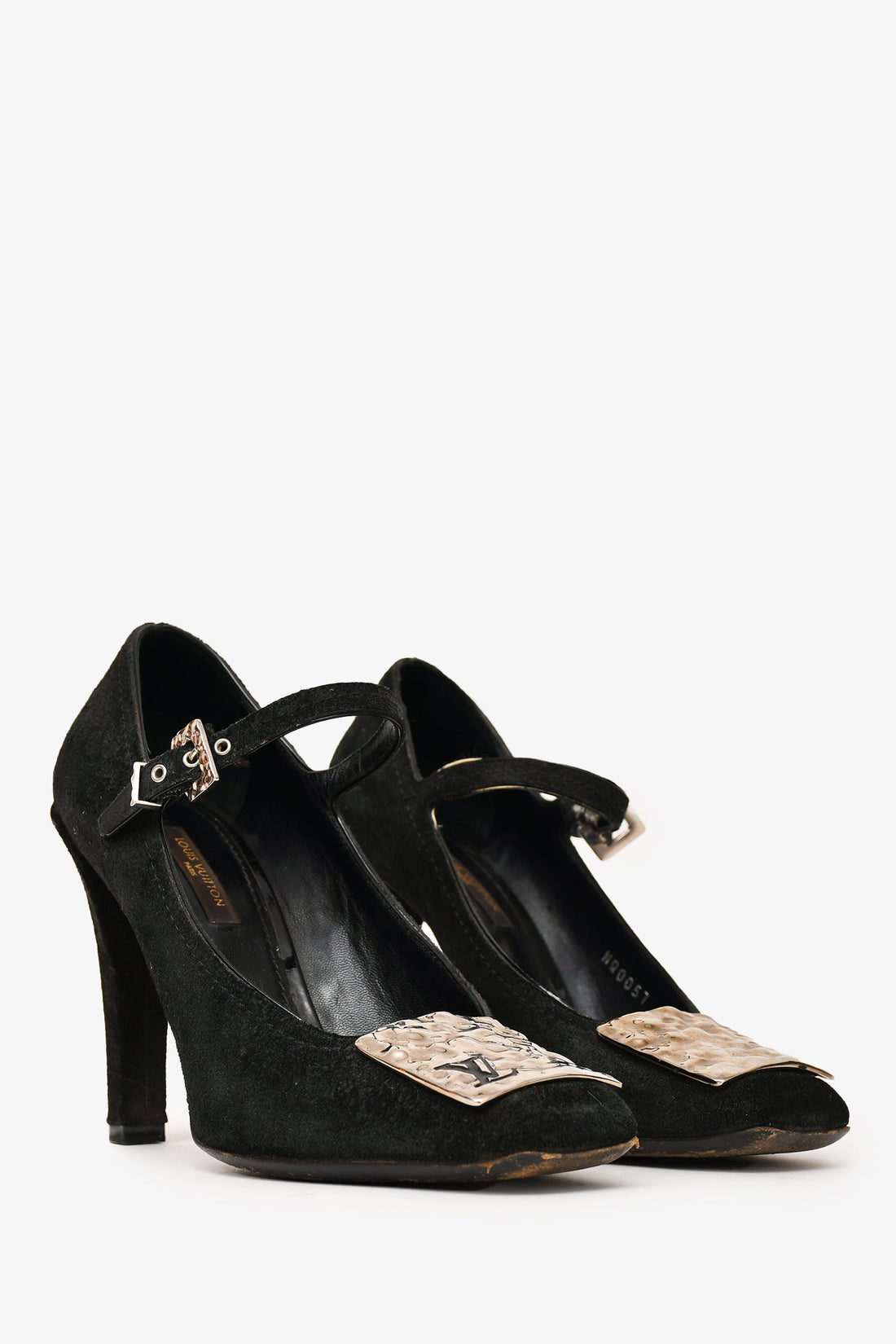 Louis Vuitton Black Suede Leather LV Plaque Mary Jane Heels Size 37 (As Is)