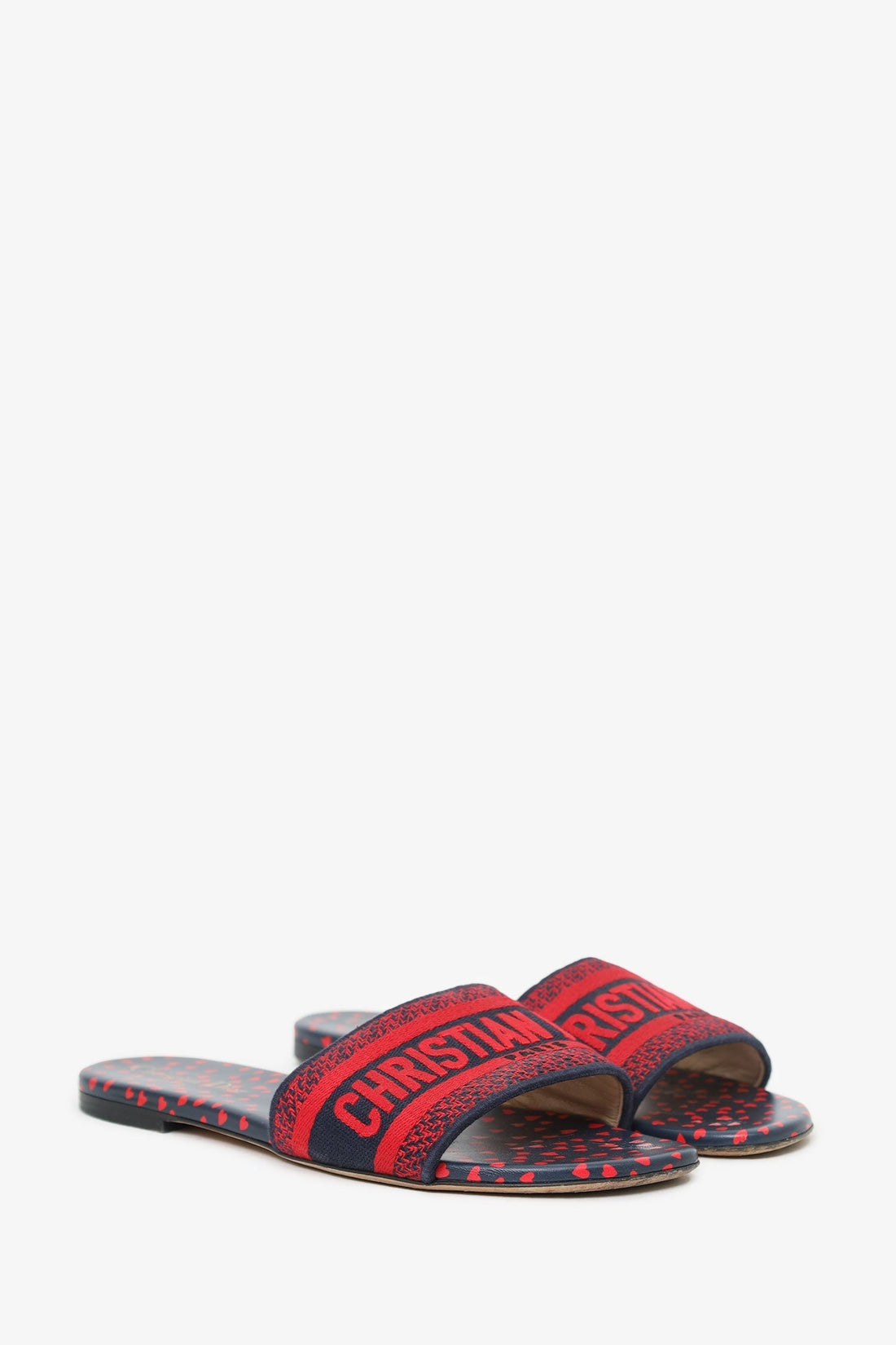 Christian Dior Navy/Red Canvas Pop Heart I Love Paris Embroidered Dway Flat Slide Sandals Size 38