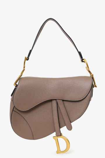Christian Dior 2022 Warm Taupe Grained CalBNkin Saddle Bag with Strap