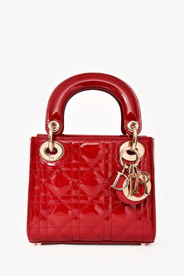 Christian Dior 2017 Red Patent Cannage Leather Mini Lady Dior