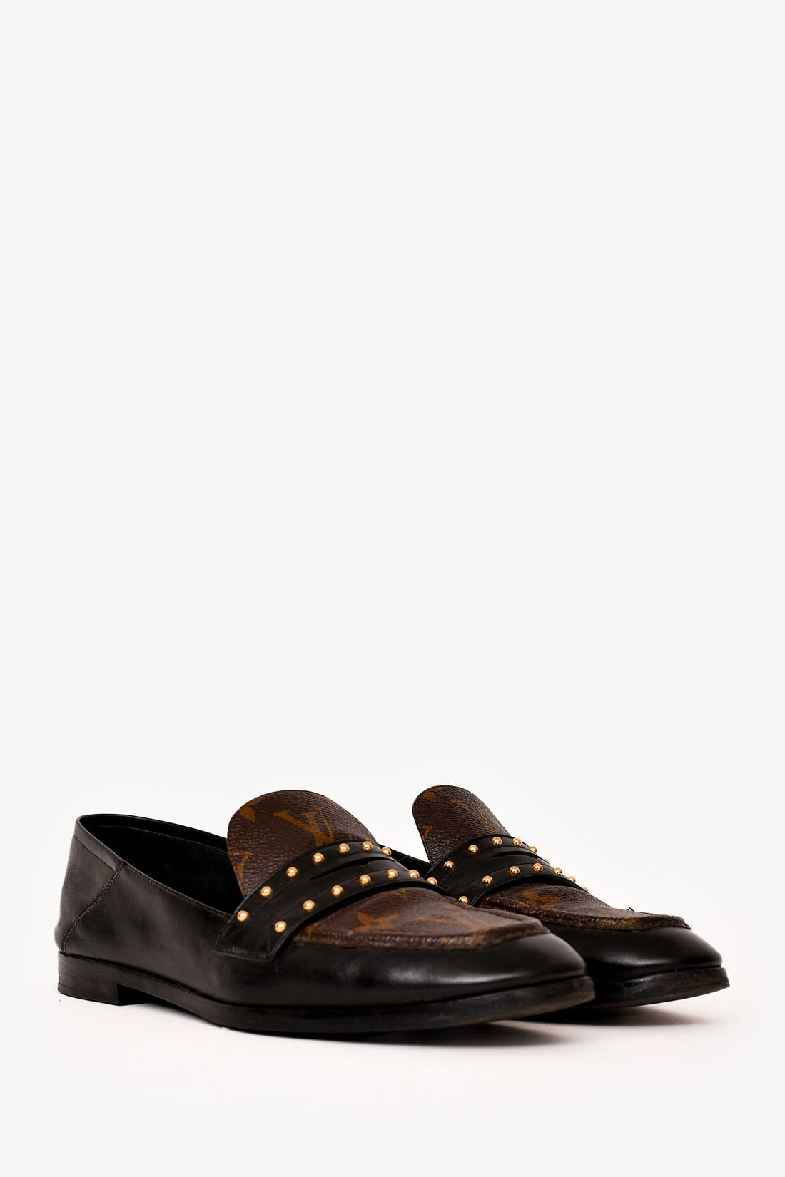 Louis Vuitton Black/Brown CalBNkin Monogram Studded Loafers Size 36