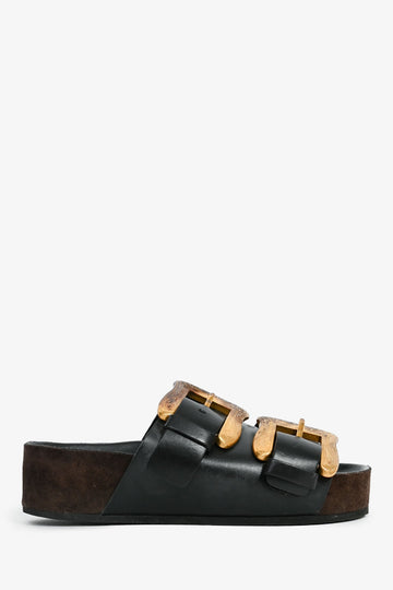 Celine  Black Leather/Brown Suede Buckle Sandals Size 35 (As Is)