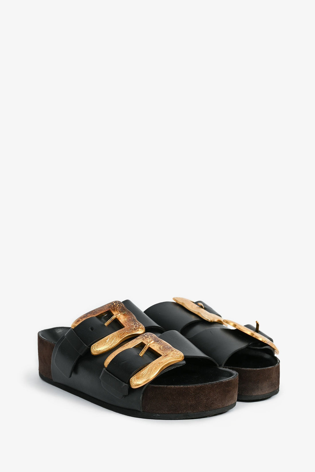 Celine  Black Leather/Brown Suede Buckle Sandals Size 35 (As Is)