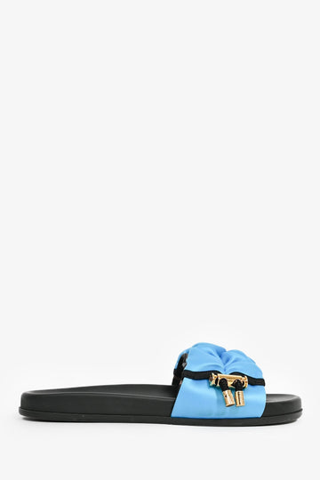 Fendi Zucca FF Blue Satin Pull Toggle 'Feel' Slides Size 37