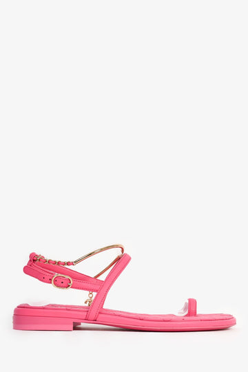 Chanel Hot Pink Leather Gold Ankle Wrap Sandals with Chain Link Detail Size 36C