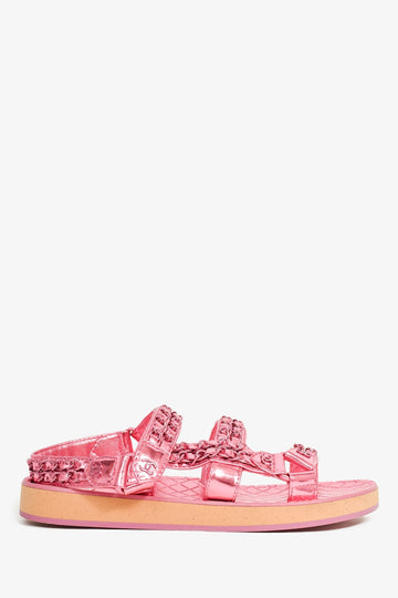 Chanel 2022 Metallic Pink Leather Chain CC Sandals Size 36.5C