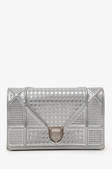 Christian Dior 2017 Silver Metallic Leather 'Diorama' Wallet on Chain