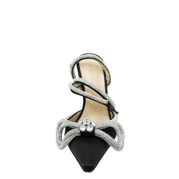 Mach & Mach Black Satin Crystal Bow Ankle Strap Pumps 37