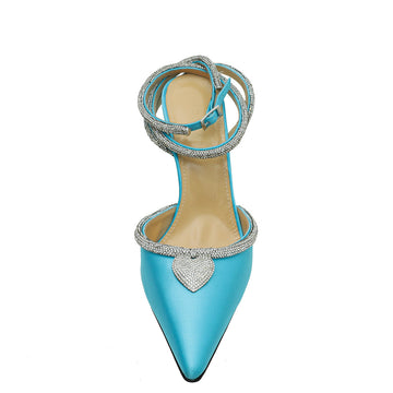 Mach & Mach Light Blue Satin Crystal Heart Embellished Ankle Strap Pumps 40.5
