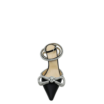 Mach & Mach Black Satin Crystal Bow Ankle Strap Pumps 37.5