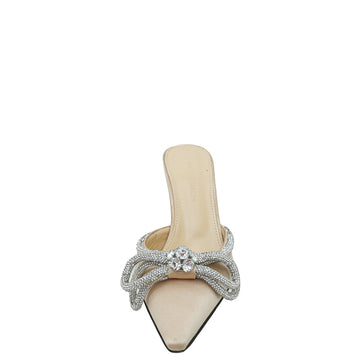 Mach & Mach Golden Beige Satin Double Bow Crystal Mules 38