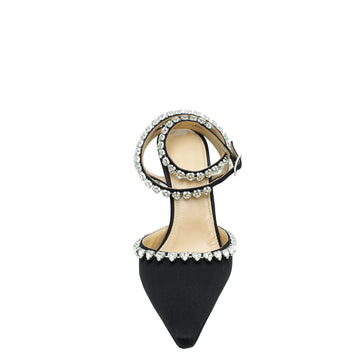 Mach & Mach Black Satin Audrey Crystal Heart Ankle Strap Pumps 39