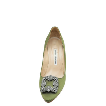 Manolo Blahnik Olive Green Satin Hangisi Crystal Pump 38
