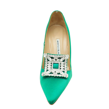 Manolo Blahnik Green Satin Borlak Pumps 37.5
