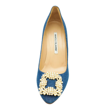 Manolo Blahnik Blue Denim Pearl Embellished Hangisi Pumps 38
