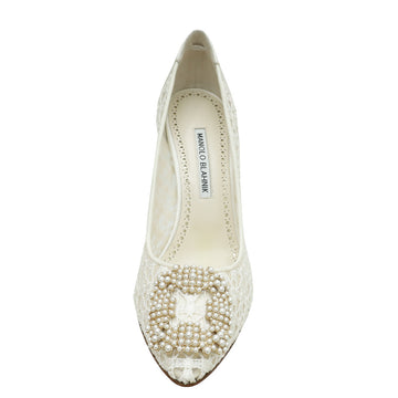 Manolo Blahnik White Hangisi Lace Embellished Pump 39