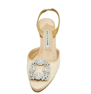Manolo Blahnik Champagne Satin Hangisi Embellished Slingback 40