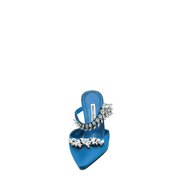 Manolo Blahnik Blue Satin Lurum Crystal Slingback Mules 38
