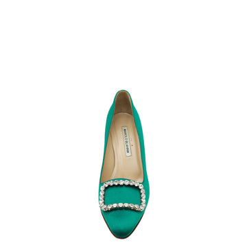 Manolo Blahnik Green Satin Olek Crystal Pumps 38