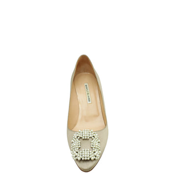 Manolo Blahnik Poudre Nude Satin Pearl Embellished Hangisi Pump 39.5