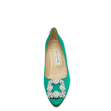 Manolo Blahnik Emerald Green Hangisi Satin Embellished Pump 39