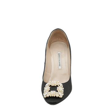 Manolo Blahnik Black Satin Hangisi Pearl Buckle Pump 41