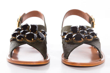 Marni Dark Green Pony Hair Cross Strap Sandals SZ 39.5
