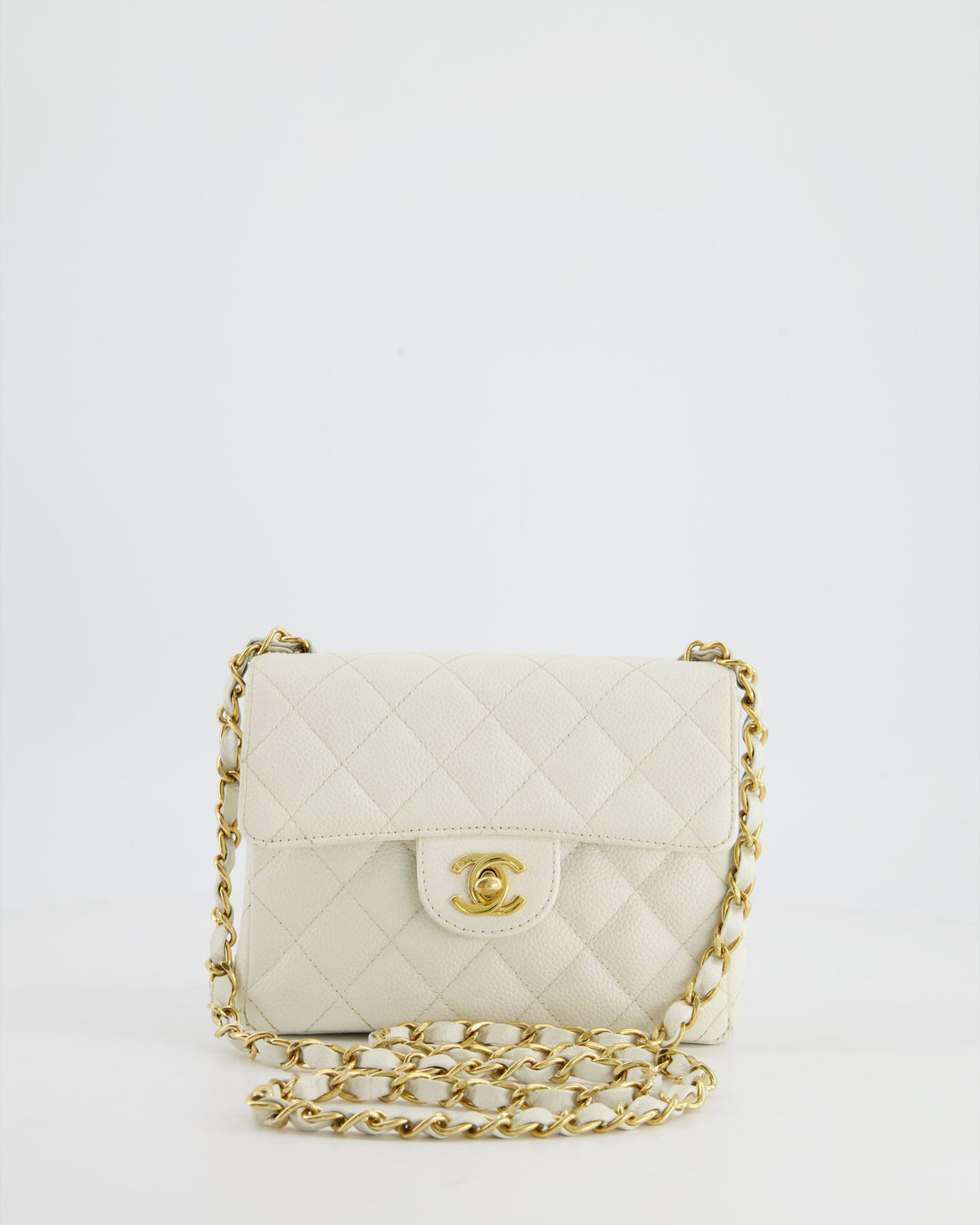 Chanel  White Caviar Mini Square Flap Bag with 24K Gold Hardware