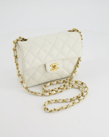 Chanel  White Caviar Mini Square Flap Bag with 24K Gold Hardware