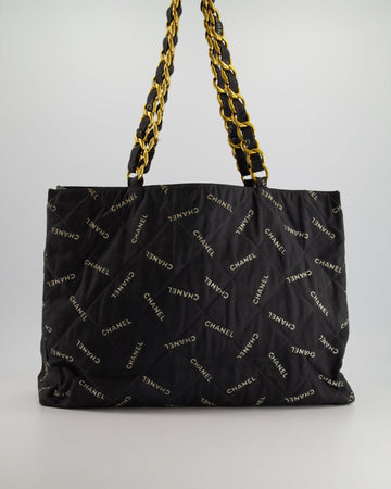 *RARE* Top Quality Chanel  Black Bag in Quilted Canvas Logo Print with Gold Hardware