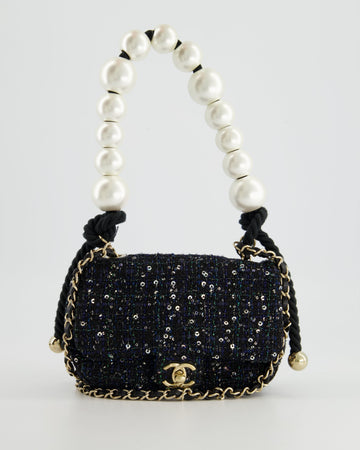 Pearl Street Bags Chanel Navy Sequin Tweed Mini Rectangular Bag with Pearl Rope Handle and Champagne Gold Hardware