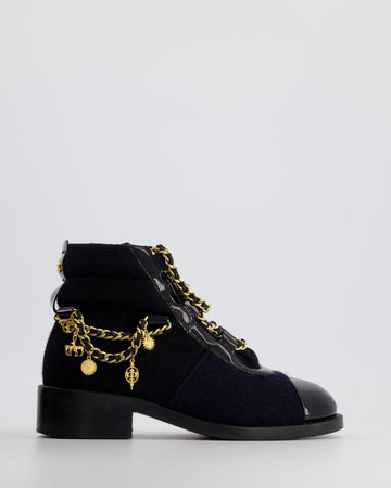 Pearl Street Bags Chanel Navy, Black Wool and Patent Ankle Boot with Brushed Gold Charm Chain Detail Size EU 35