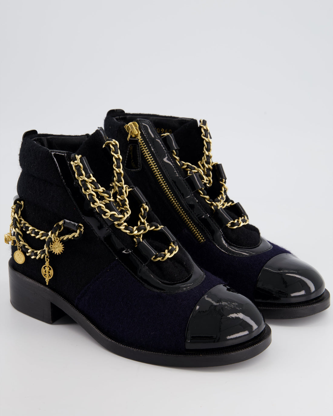 Pearl Street Bags Chanel Navy, Black Wool and Patent Ankle Boot with Brushed Gold Charm Chain Detail Size EU 35