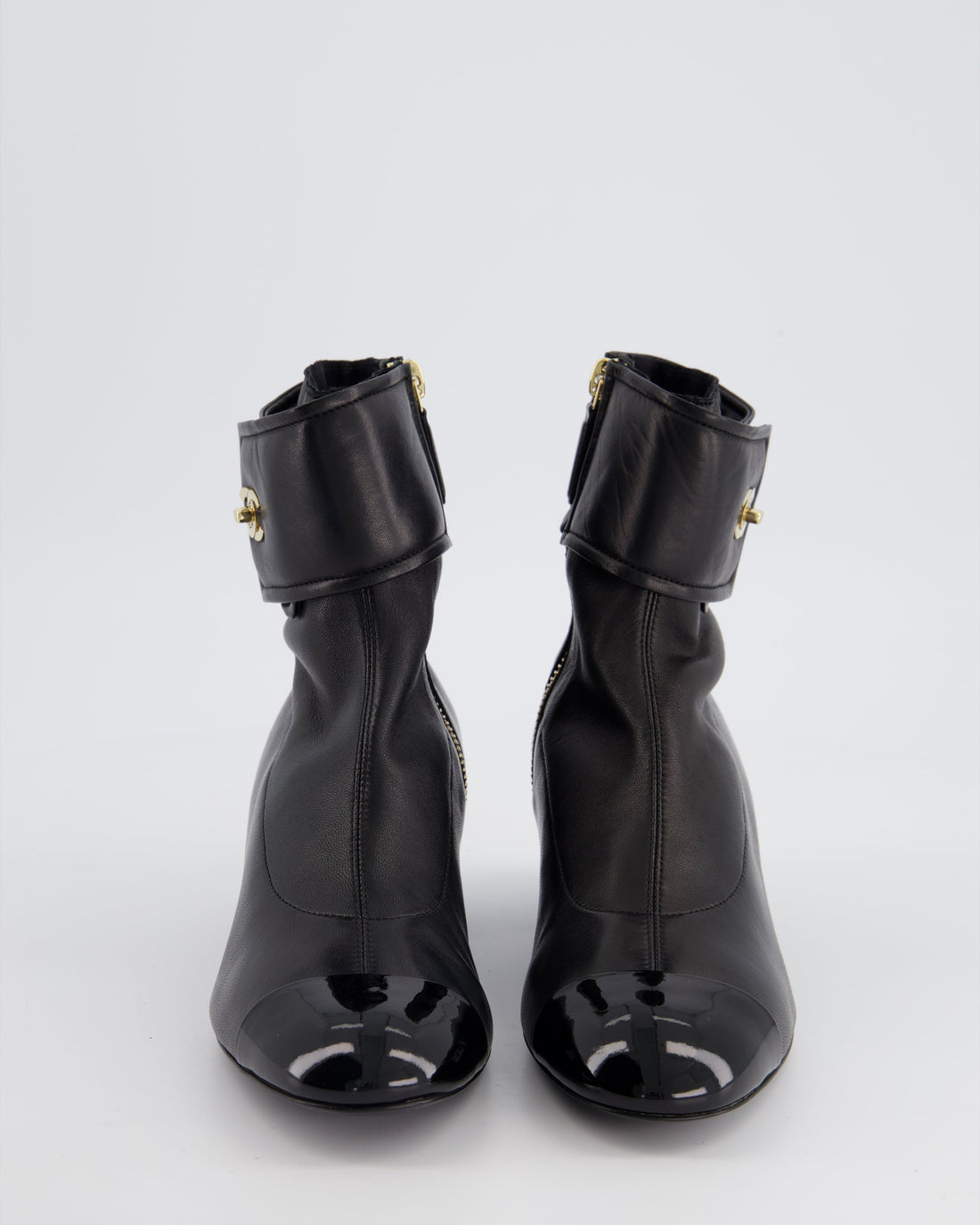 Pearl Street Bags Chanel Black Leather Ankle Boots with Patent Toe and Champagne Gold CC Logo Detail Size EU 35.5C