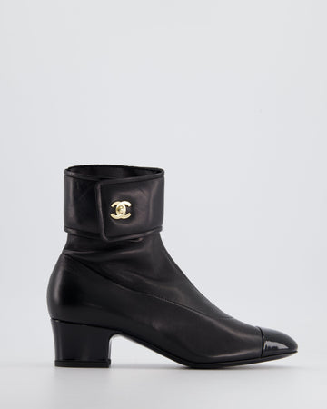 Pearl Street Bags Chanel Black Leather Ankle Boots with Patent Toe and Champagne Gold CC Logo Detail Size EU 35.5C