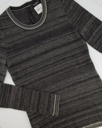 Top Quality Chanel Grey Striped Cashmere Metallic Thread Long-Sleeve Top Size FR 38 (UK 10)
