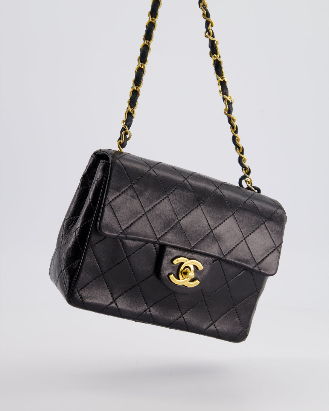Chanel  Black Mini Square Bag in Lambskin Leather with 24k Gold Hardware