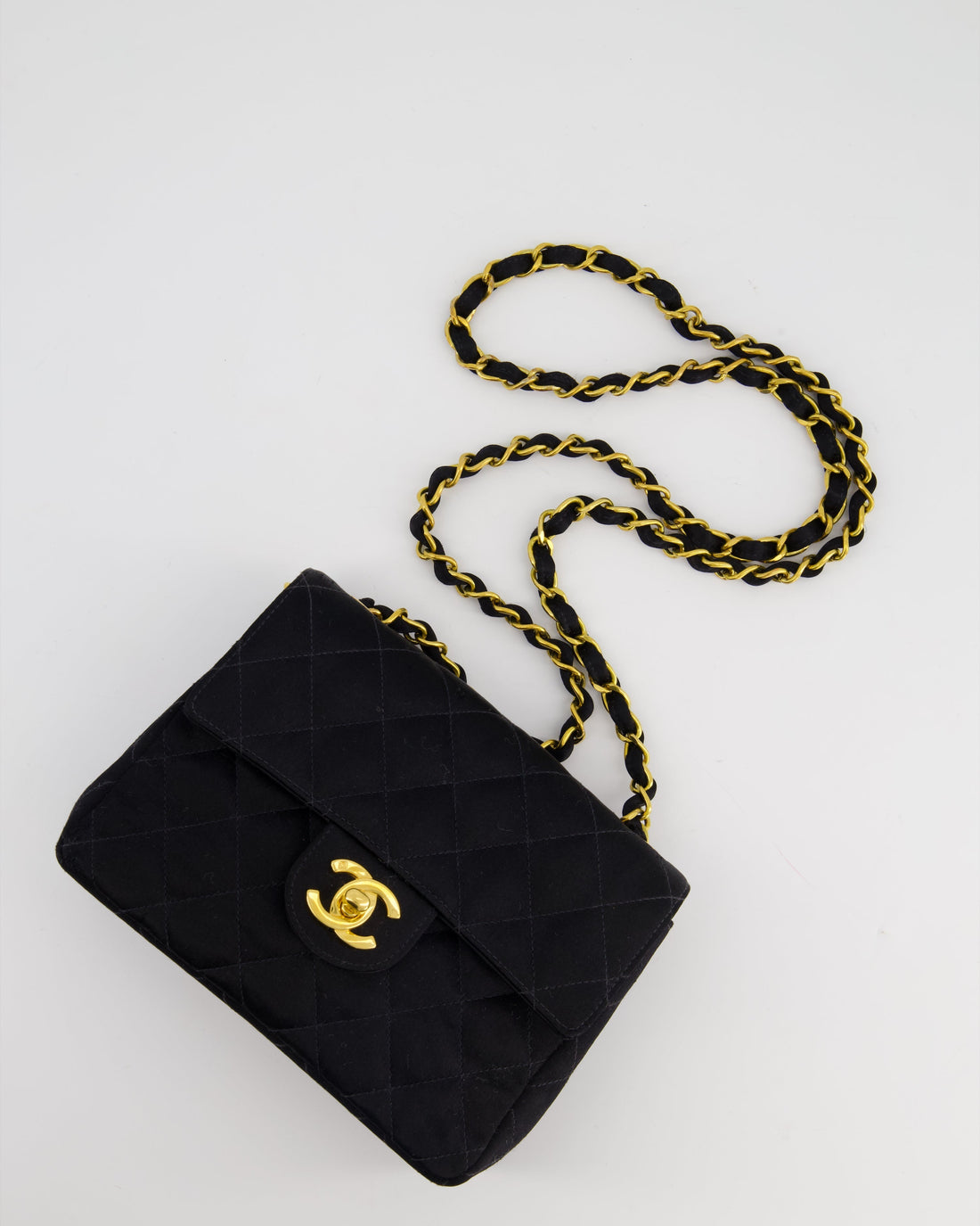 *HOT* Pearl Street Bags Chanel  Satin Black Mini Square Flap Bag with 24K Gold Hardware