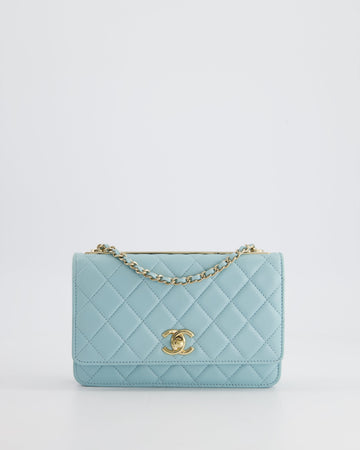 *HOT COLOUR* Pearl Street Bags Chanel Baby Blue Quilted Trendy Wallet on Chain Bag in Lambskin Leather with Champagne Gold Hardware